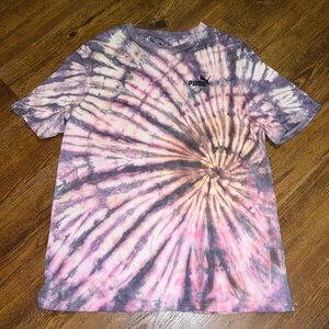 Puma Pink, Purple Gray Retro Punk Tie Dye Upcycled Short Sleeve Shirt Size XL